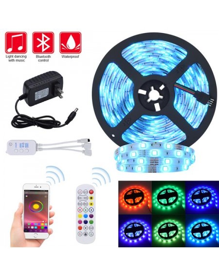 LED Strip Lights RGB Strips 32.8ft Tape Light 300 LEDs SMD5050 Waterproof Music Sync Color Changing + Bluetooth Controller + 24Key Remote Control Decoration for Home TV Party - APP Controlled