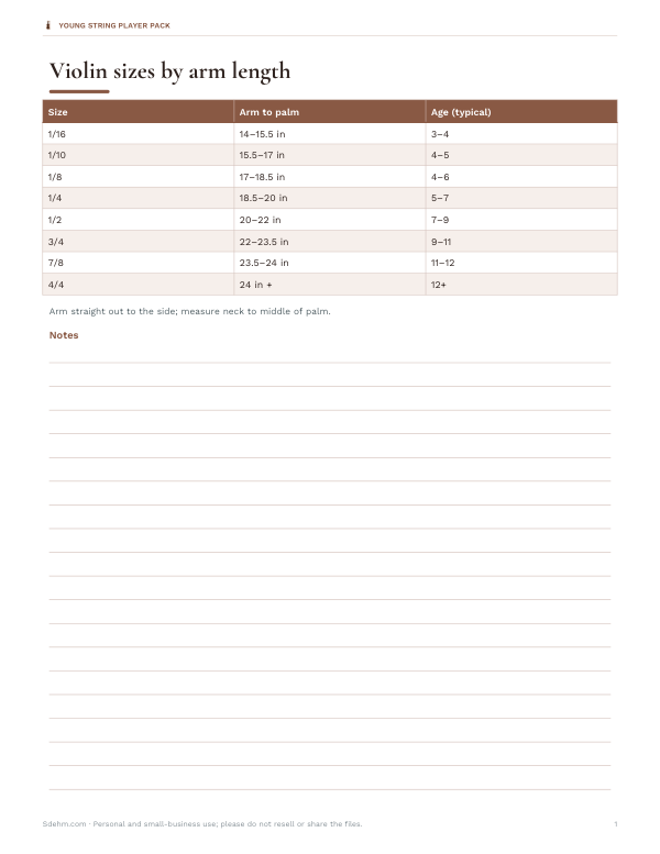 Preview of Printable Violin Arm Length Card